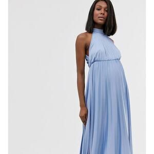 Asos Maternity Halter Pleated Waisted Midi Dress Dusky Blue - US 8